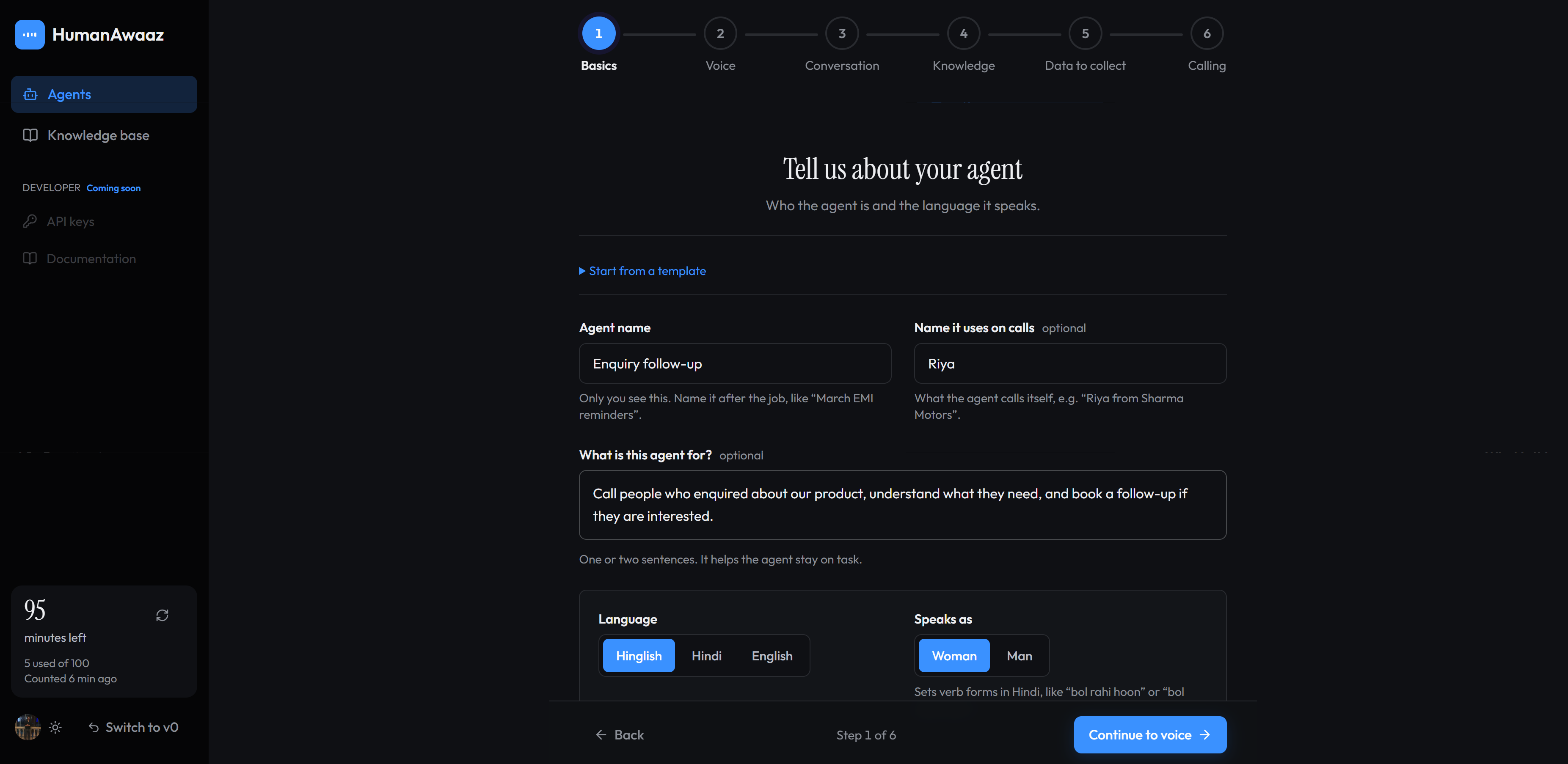 HumanAwaaz agent creation screen